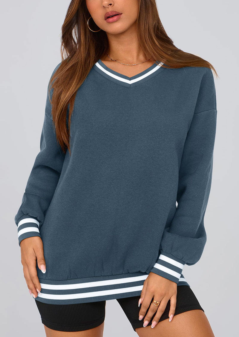 PRETTYGARDEN Women's Oversized Sweatshirts Casual Long Sleeve Stripes Knit V Neck Pullover Top Fall Teens Preppy Clothes
