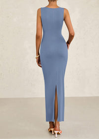 Sleeveless Ruched Bodycon Slit Long Maxi Dresses