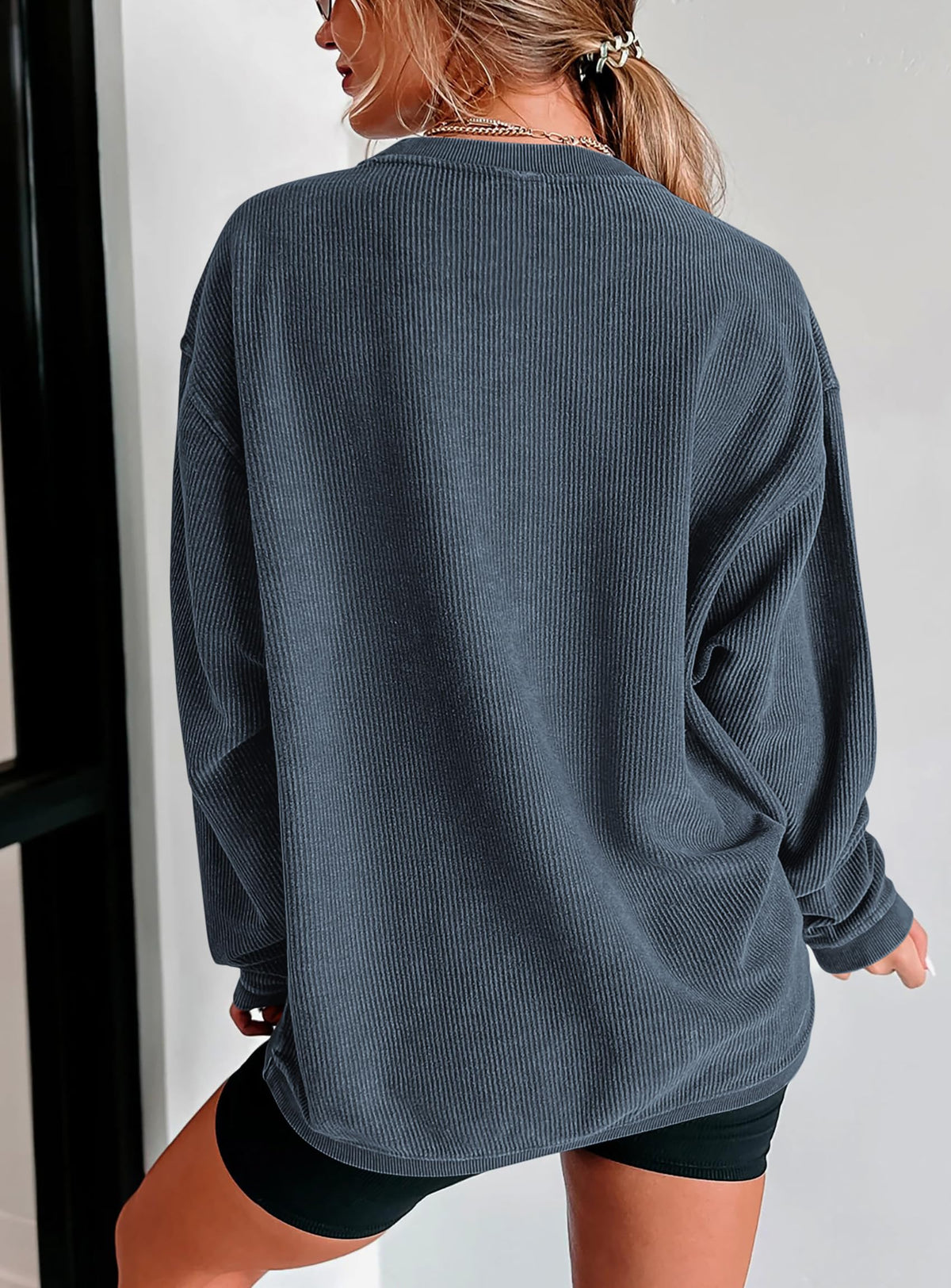 Ribbed Corduroy Crew Neck Long Sleeve Loose Fit Casual Oversized Sweatshirt