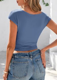 Ruched Crop Cap Sleeve Ribbed Knit Fitted Going Out T-shirts