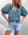 PRETTYGARDEN Women's Summer Short Sleeve Tops 2025 Dressy Casual Buttons V Neck Hollow Out Lace Embroidered Blouses Shirts