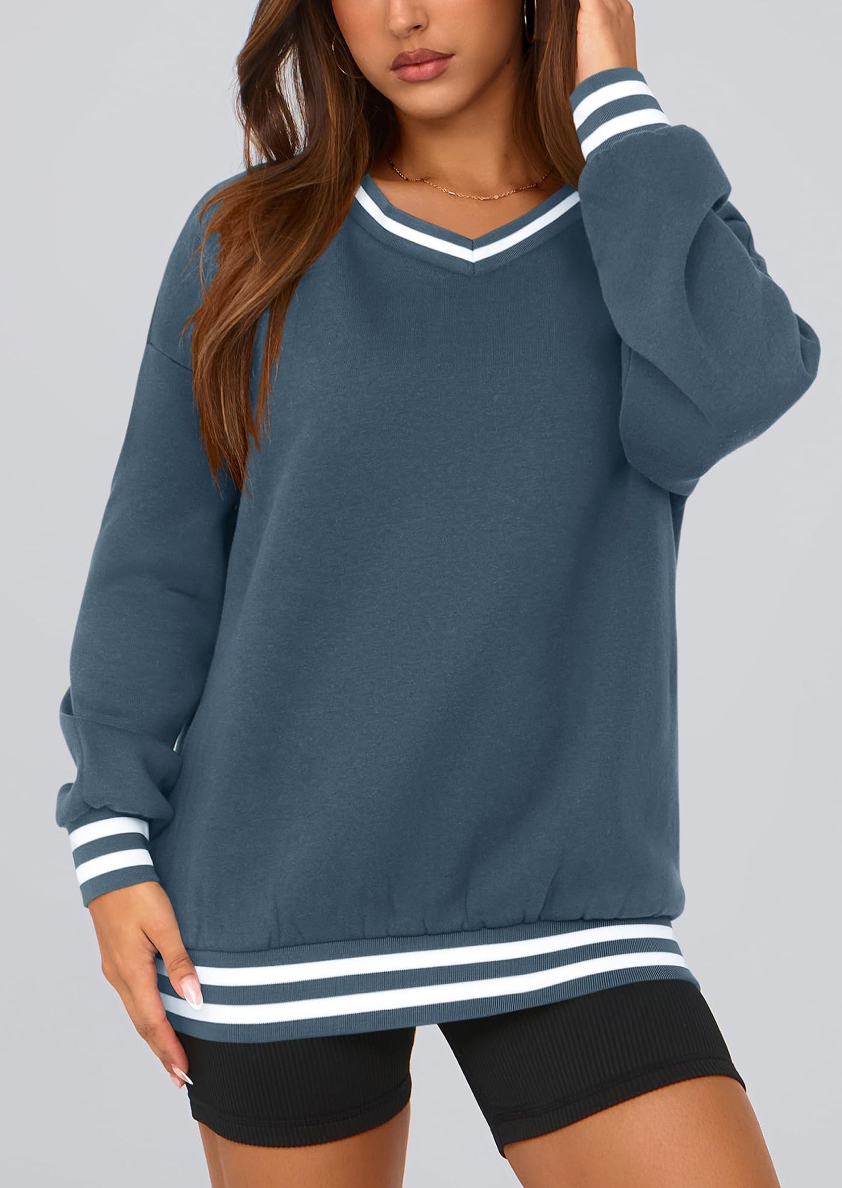 PRETTYGARDEN Women's Oversized Sweatshirts Casual Long Sleeve Stripes Knit V Neck Pullover Top Fall Teens Preppy Clothes