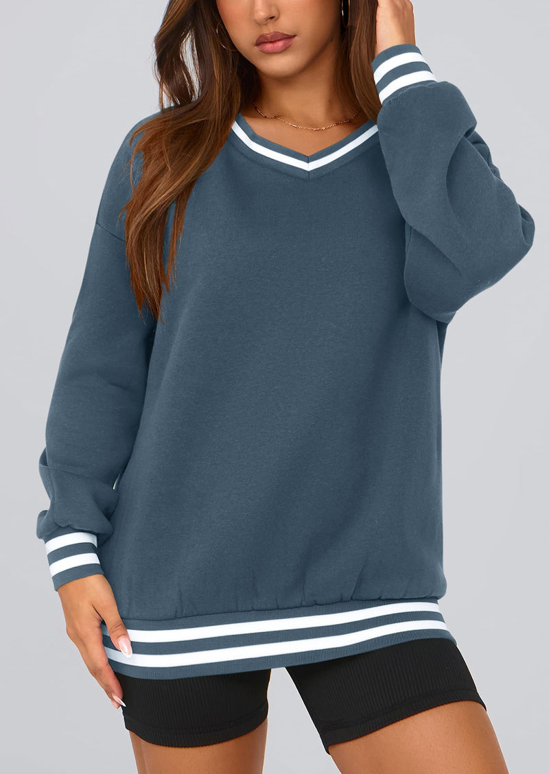 PRETTYGARDEN Women's Oversized Sweatshirts Casual Long Sleeve Stripes Knit V Neck Pullover Top Fall Teens Preppy Clothes