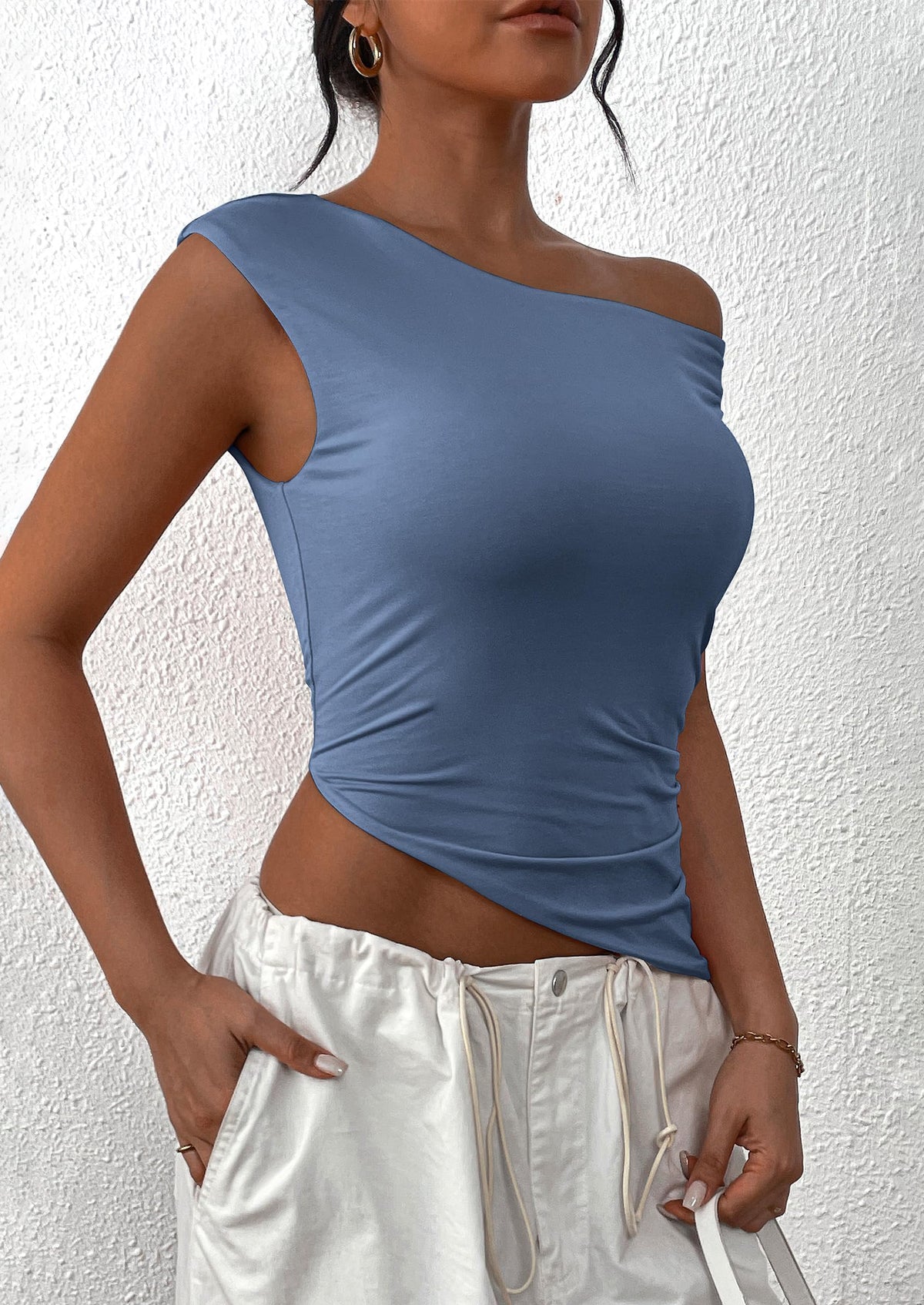 Off The Shoulder Sleeveless One Shoulder Ruched Asymmetrical Y2K Tank Top