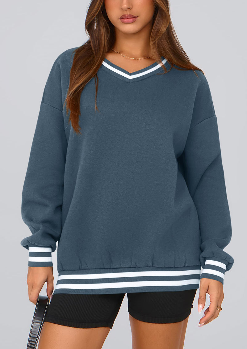 PRETTYGARDEN Women's Oversized Sweatshirts Casual Long Sleeve Stripes Knit V Neck Pullover Top Fall Teens Preppy Clothes