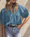 PRETTYGARDEN Women's Summer Short Sleeve Tops 2025 Dressy Casual Buttons V Neck Hollow Out Lace Embroidered Blouses Shirts