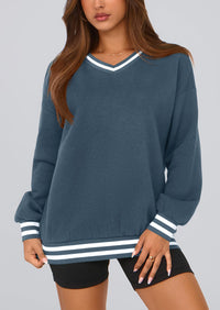 PRETTYGARDEN Women's Oversized Sweatshirts Casual Long Sleeve Stripes Knit V Neck Pullover Top Fall Teens Preppy Clothes