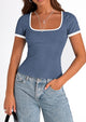 Casual Short Sleeve Ribbed Knit Square Neck Color Block Slim Fit Basic Crop T-shirts