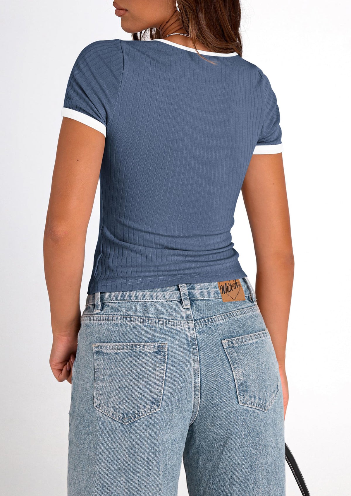Casual Short Sleeve Ribbed Knit Square Neck Color Block Slim Fit Basic Crop T-shirts