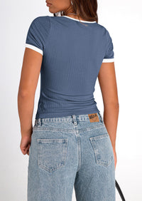 Casual Short Sleeve Ribbed Knit Square Neck Color Block Slim Fit Basic Crop T-shirts