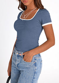 Casual Short Sleeve Ribbed Knit Square Neck Color Block Slim Fit Basic Crop T-shirts