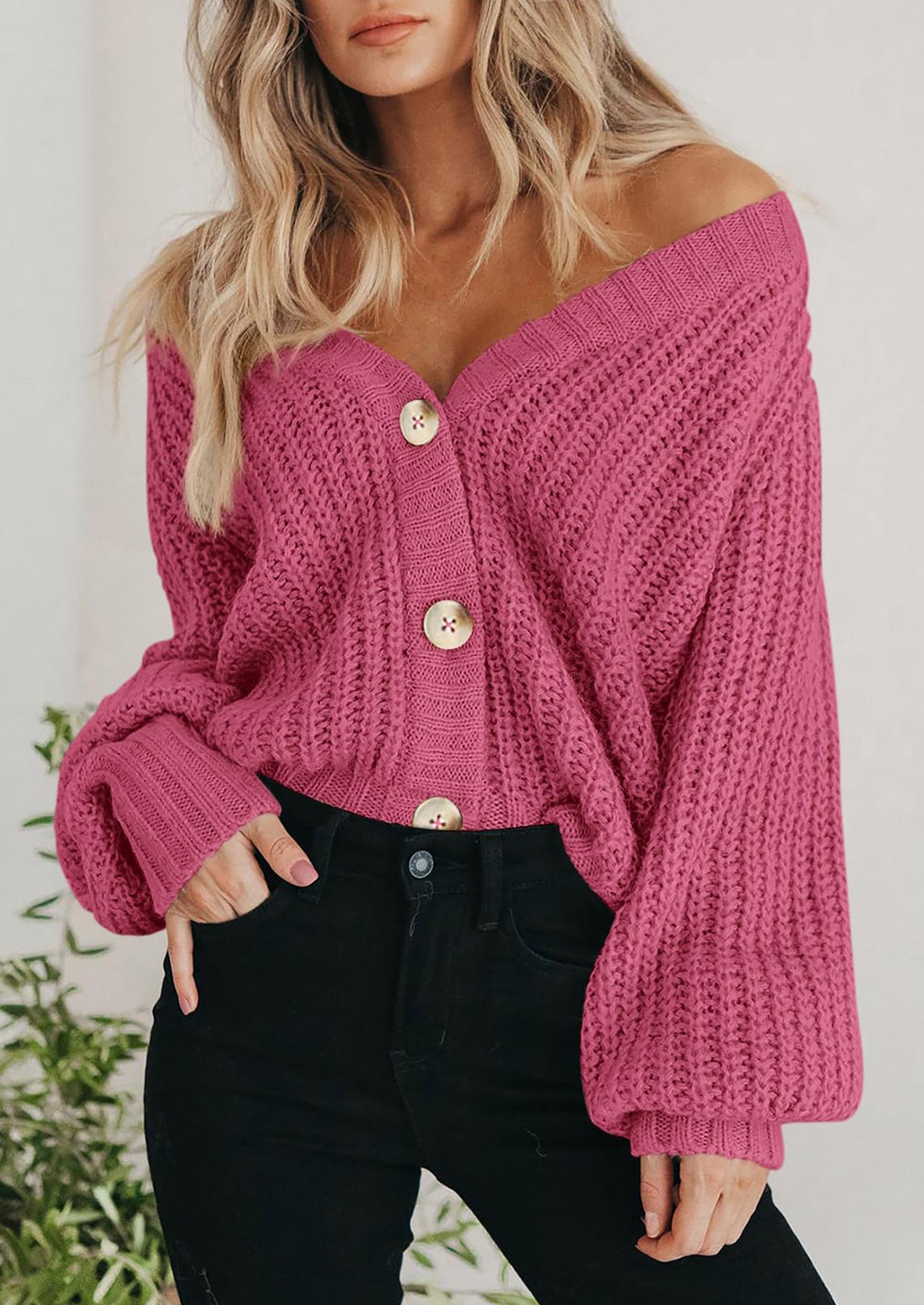 PRETTYGARDEN Women's Chunky Knit Open Front Sweater Long Sleeve Button Loose Short Cardigan Outerwear Coats