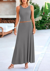 Casual Knit Cropped Tank Top High Waisted Skirt 2 Piece Sets