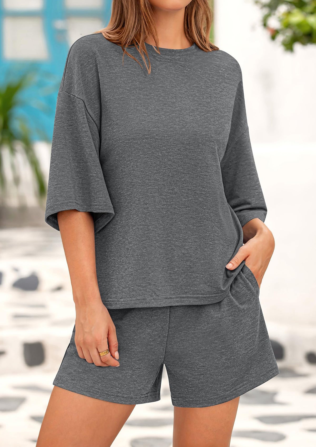 Short Sleeved Top And Casual Shorts 2-Piece Set With Pockets