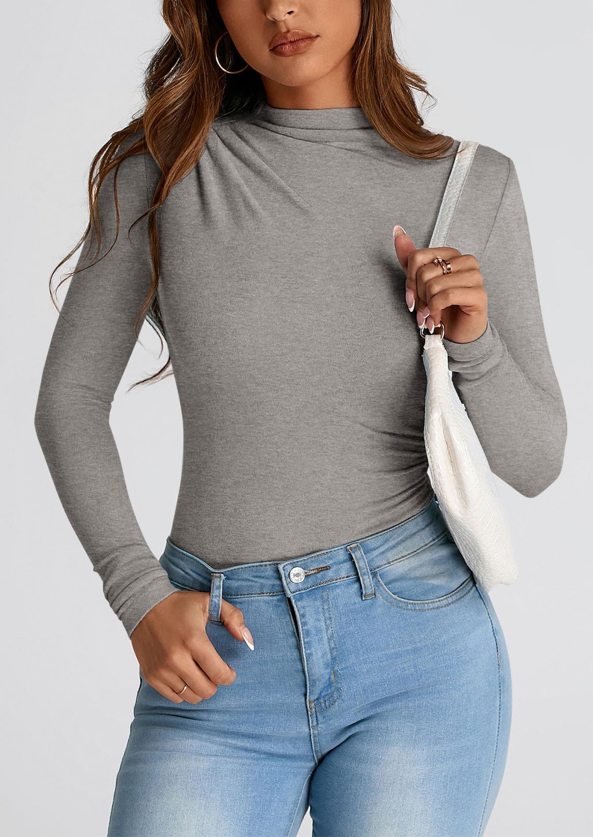 Y2K Long Sleeve Mock Neck Ruched Slim Fitted Casual Blouses