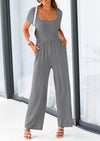 PRETTYGARDEN Casual Short Sleeve Square Neck Wide Leg Jumpsuit Rompers
