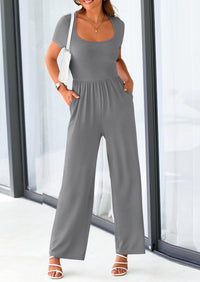 PRETTYGARDEN Casual Short Sleeve Square Neck Wide Leg Jumpsuit Rompers