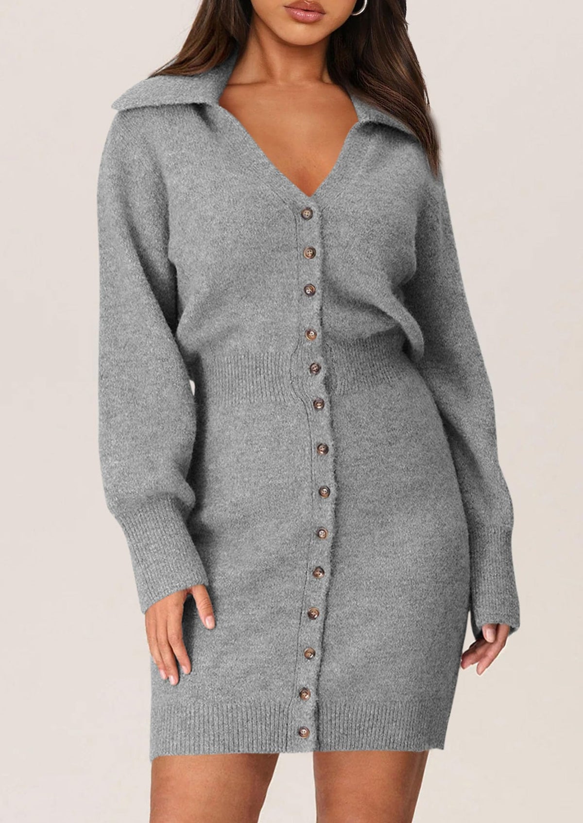 Long Sleeve V Neck Button Down Knit Pullover Sweater Dresses
