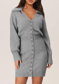 Long Sleeve V Neck Button Down Knit Pullover Sweater Dresses