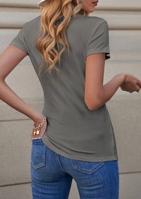 Short Sleeve V Neck Button Ribbed Knit T-shirt