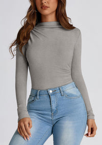 Y2K Long Sleeve Mock Neck Ruched Slim Fitted Casual Blouses
