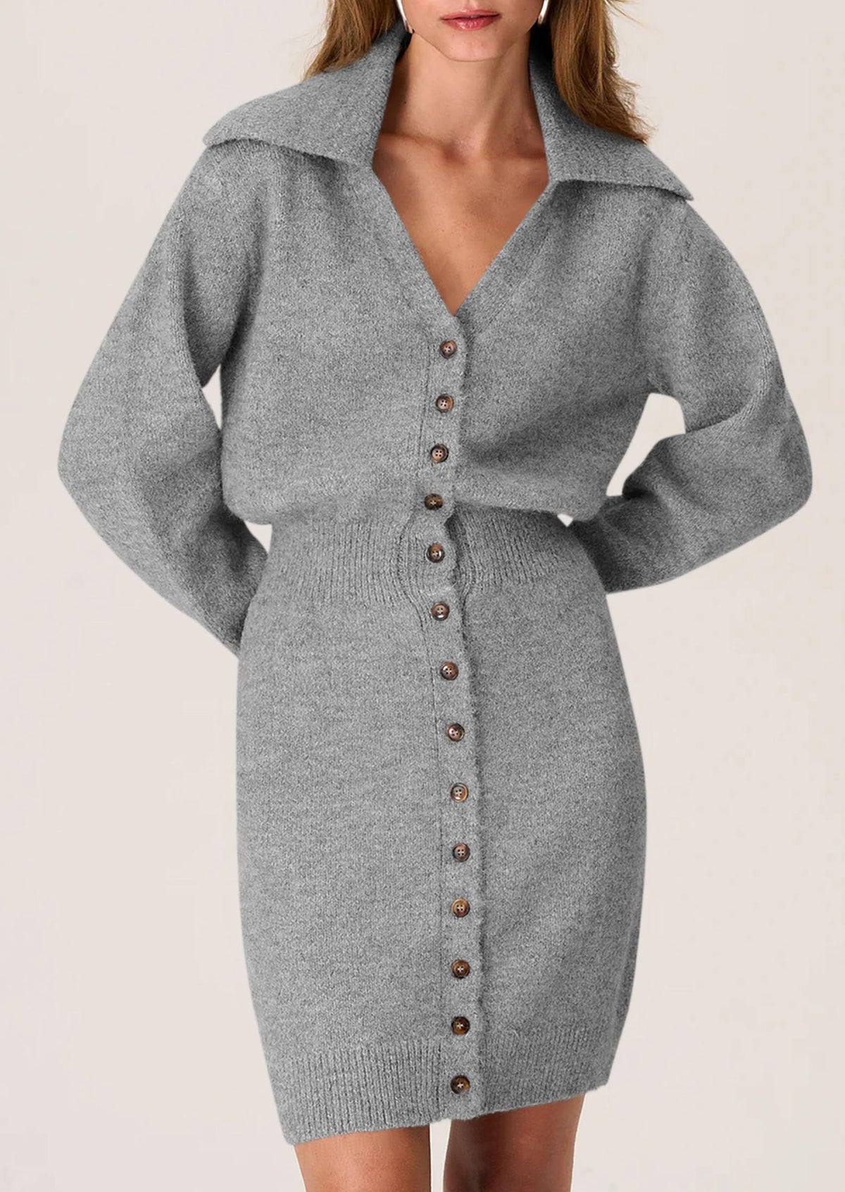 Long Sleeve V Neck Button Down Knit Pullover Sweater Dresses