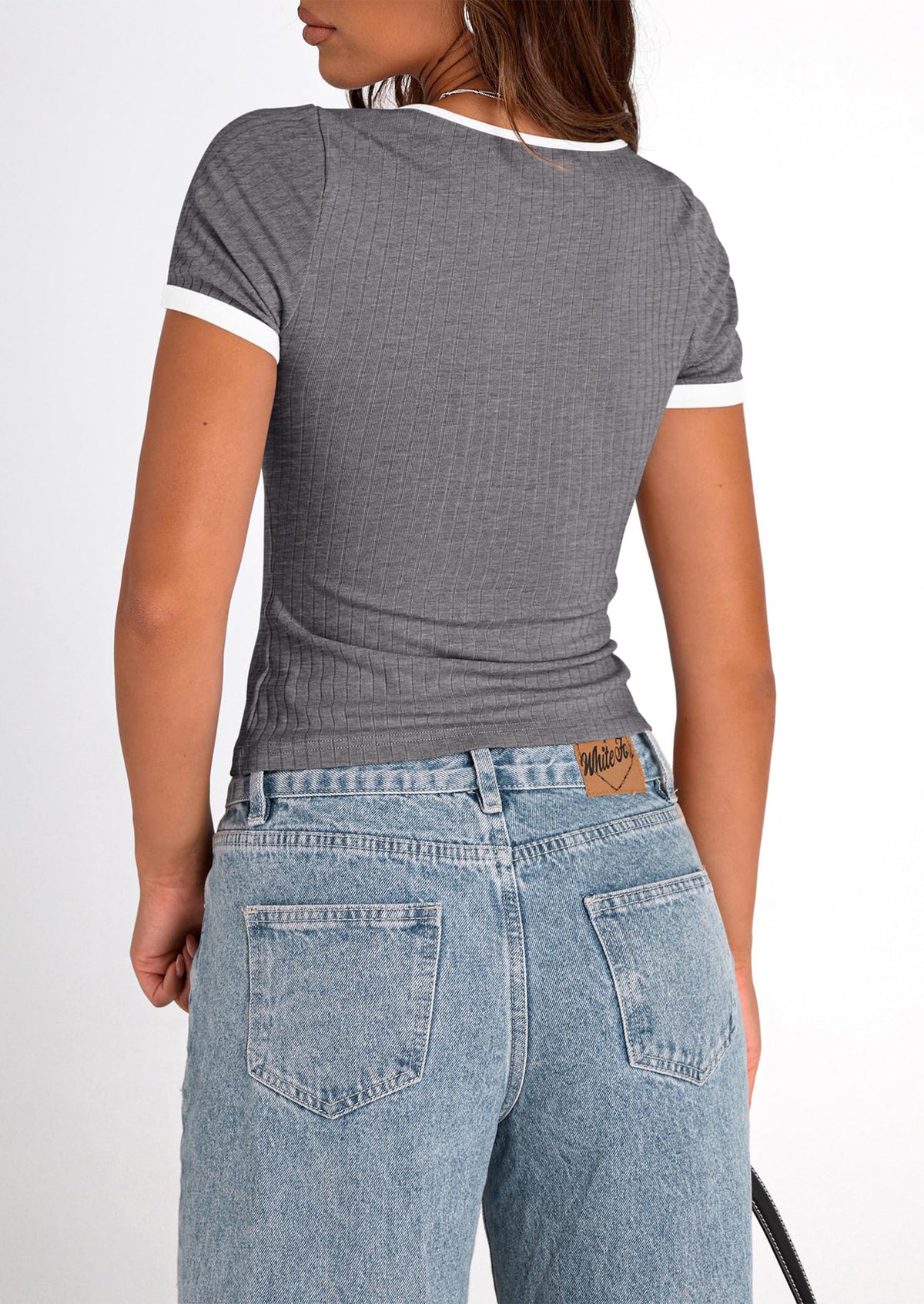 Casual Short Sleeve Ribbed Knit Square Neck Color Block Slim Fit Basic Crop T-shirts