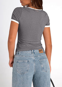 Casual Short Sleeve Ribbed Knit Square Neck Color Block Slim Fit Basic Crop T-shirts
