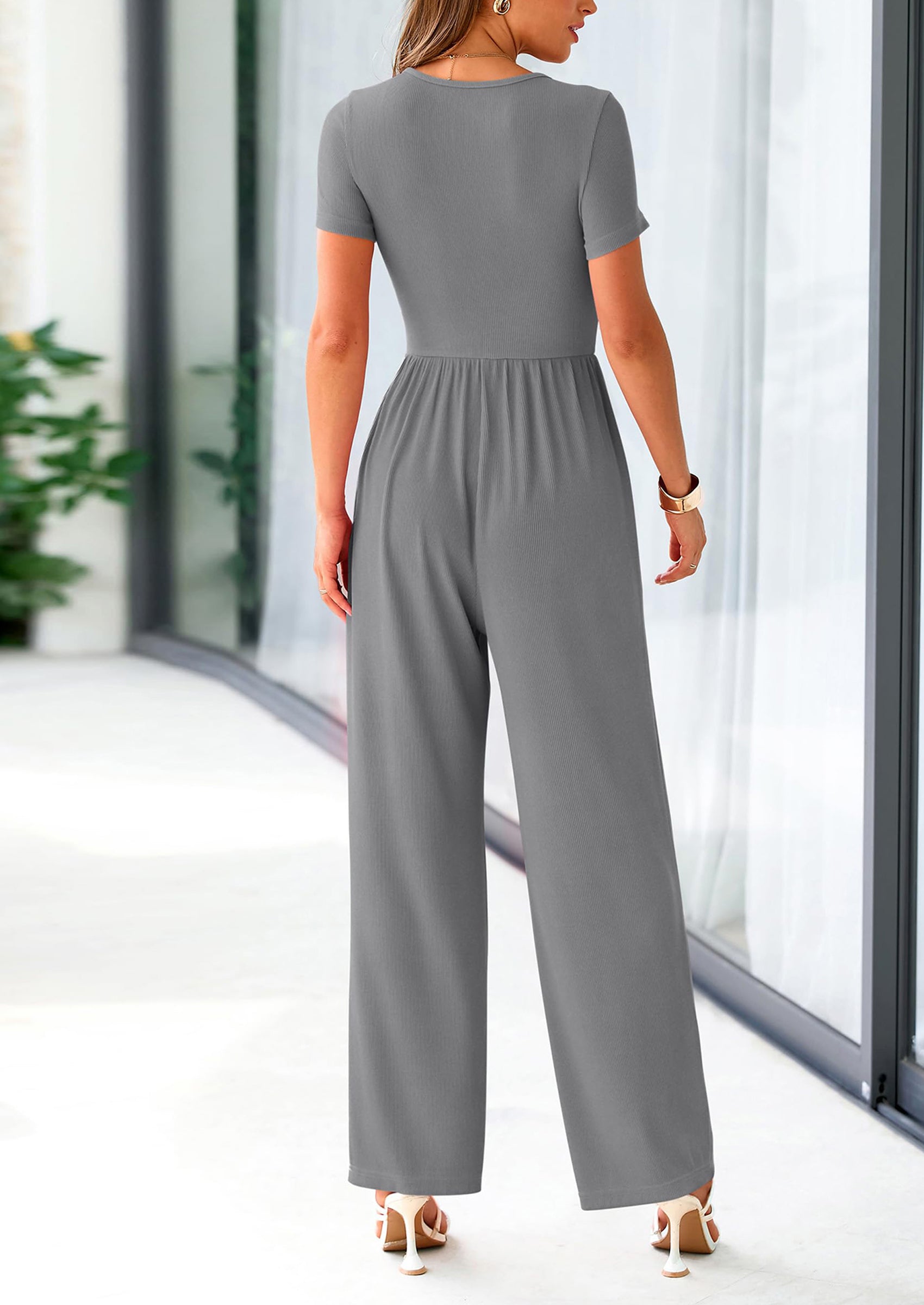 PRETTYGARDEN Casual Short Sleeve Square Neck Wide Leg Jumpsuit Rompers