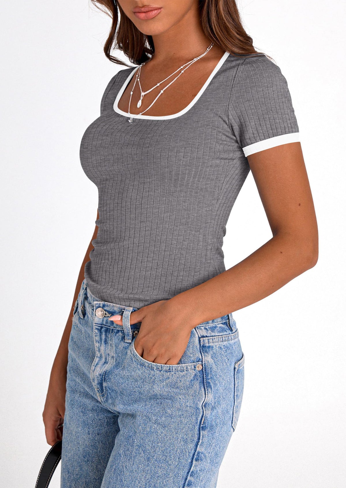Casual Short Sleeve Ribbed Knit Square Neck Color Block Slim Fit Basic Crop T-shirts