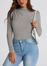 Y2K Long Sleeve Mock Neck Ruched Slim Fitted Casual Blouses