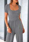 PRETTYGARDEN Casual Short Sleeve Square Neck Wide Leg Jumpsuit Rompers