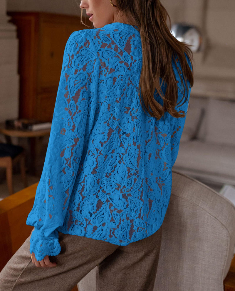 PRETTYGARDEN Women's Dressy Casual Lace Blouse Long Sleeve Button Up Shirts Tops Spring Fall Fashion Clothes