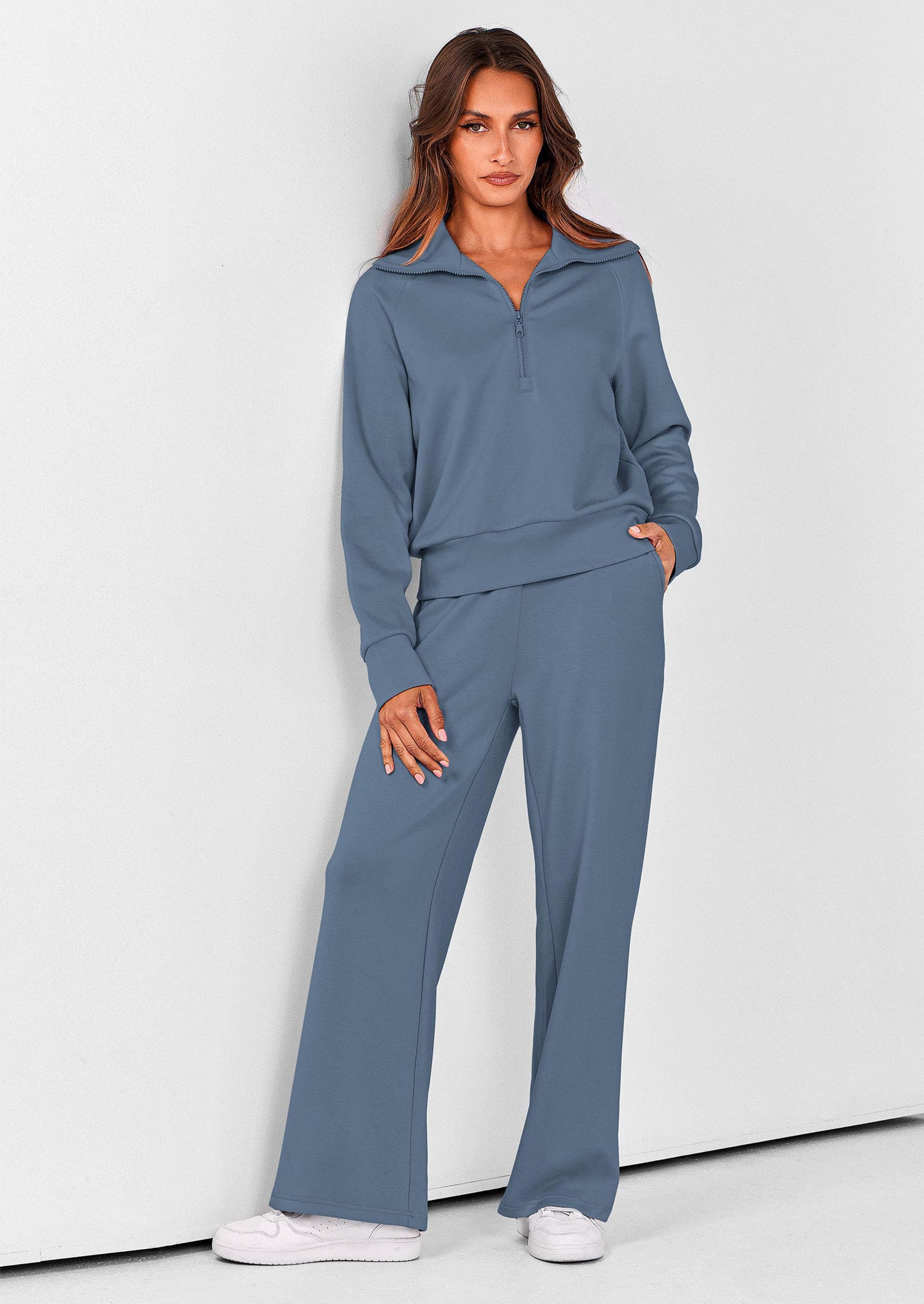 PRETTYGARDEN Women's 2 Piece Outfits Casual Lapel Half Zip Sweatshirts And Wide Leg Pants Tracksuit Sets