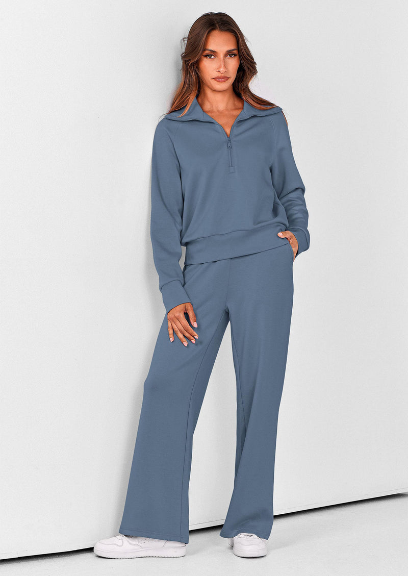 PRETTYGARDEN Women's 2 Piece Outfits Casual Lapel Half Zip Sweatshirts And Wide Leg Pants Tracksuit Sets