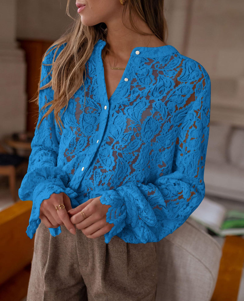 PRETTYGARDEN Women's Dressy Casual Lace Blouse Long Sleeve Button Up Shirts Tops Spring Fall Fashion Clothes