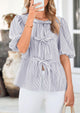 Striped Round Neck Front, Lace Up Bubble Sleeves Tops
