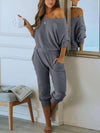 PRETTYGARDEN Women's 2 Piece Ribbed Tracksuit Outfits Off Shoulder Long Sleeve Pullover Lounge Pants with Pockets