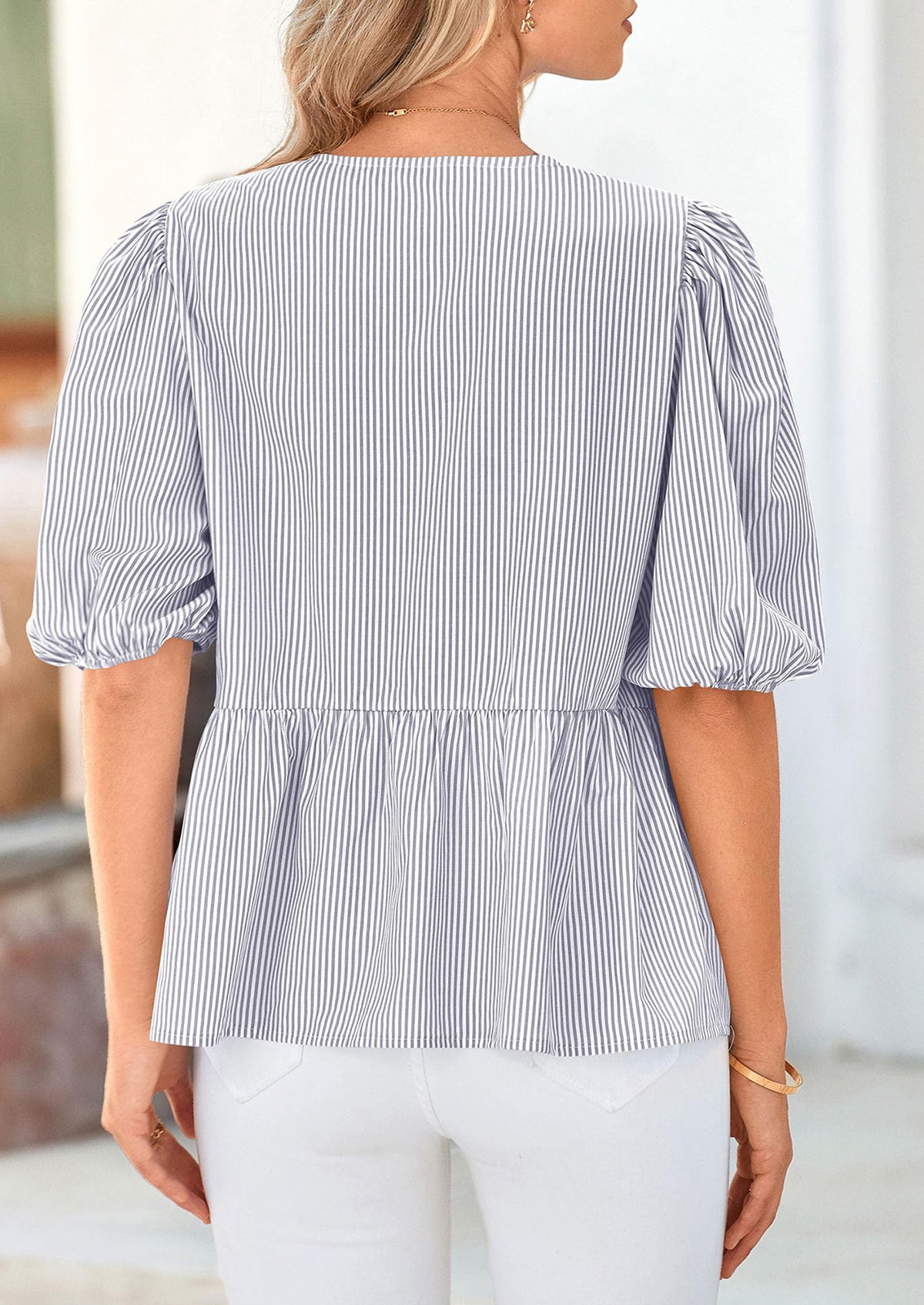 Striped Round Neck Front, Lace Up Bubble Sleeves Tops