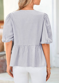 Striped Round Neck Front, Lace Up Bubble Sleeves Tops