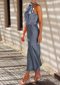 Satin sleeveless stand up collar party long dress