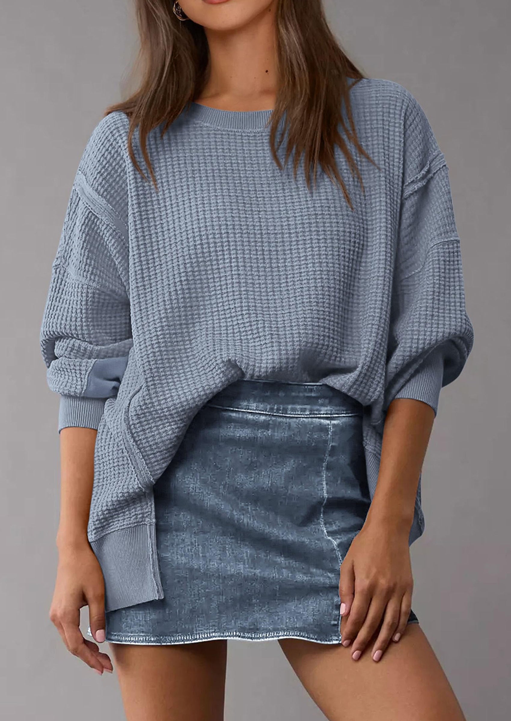 PRETTYGARDEN Oversized Sweatshirt for Women Fashion Crewneck Long Sleeve Pullover Waffle Knit Tops Fall Trendy Clothes