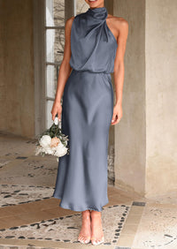 Satin sleeveless stand up collar party long dress