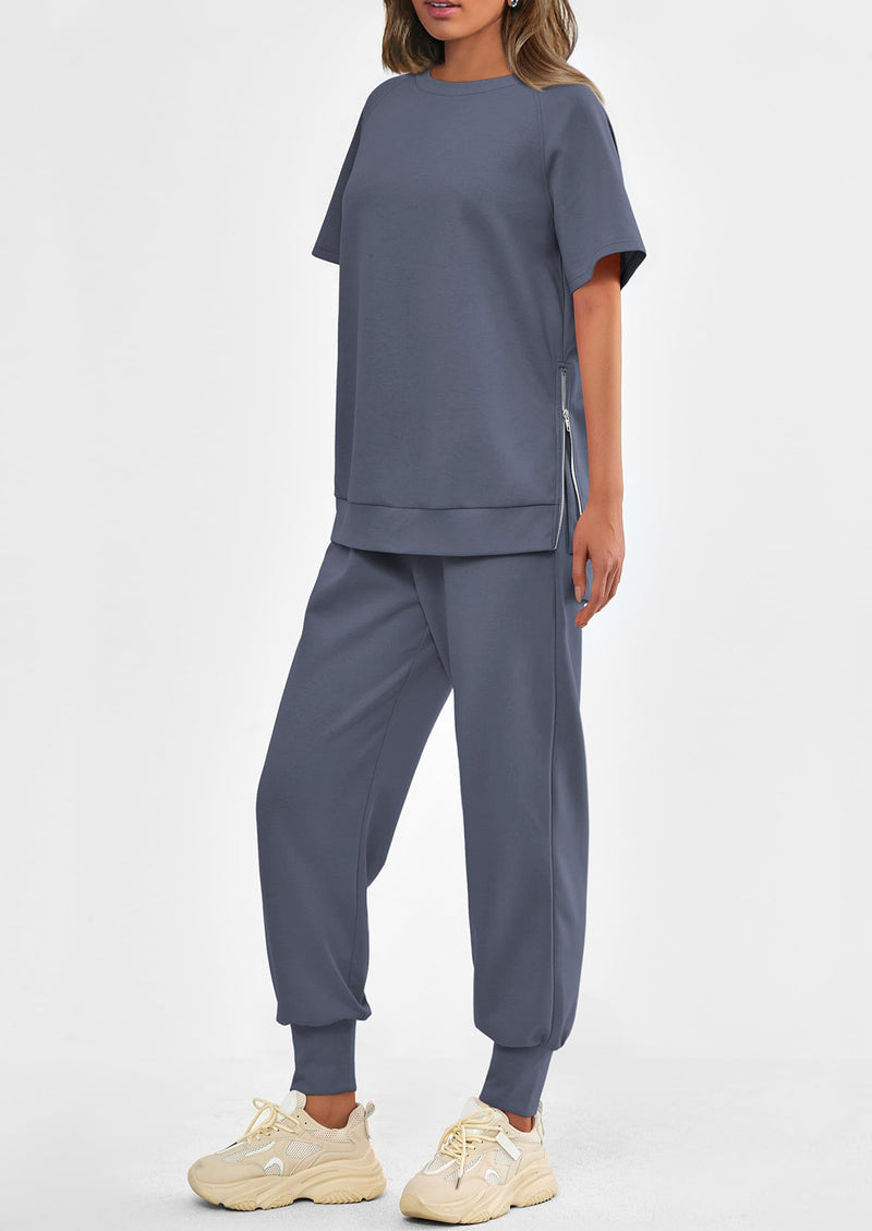 PRETTYGARDEN 2 Piece Outfit Tracksuits Casual Short Sleeve Tops High Waisted Sweatpants Set