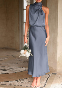 Satin sleeveless stand up collar party long dress
