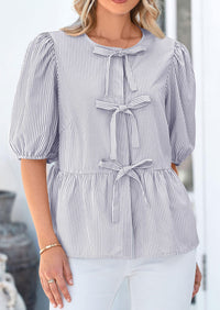 Striped Round Neck Front, Lace Up Bubble Sleeves Tops