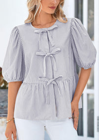 Striped Round Neck Front, Lace Up Bubble Sleeves Tops