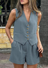 PRETTYGARDEN Women's Summer 2 Piece Outfits Sleeveless Matching Sets Button Down V Neck Vest Waistcoat and Pockets Shorts