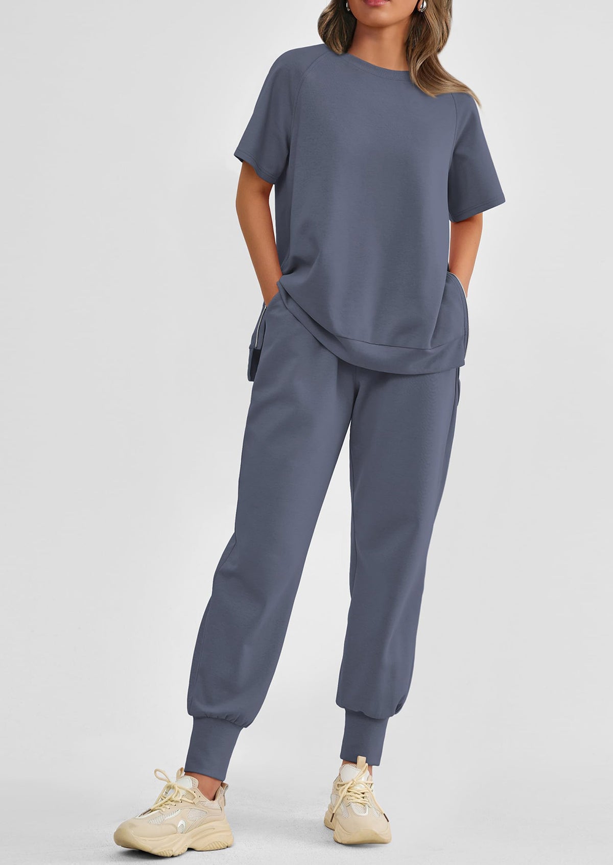 Casual Short Sleeve Tops High Waisted Sweatpants Two Piece Sets