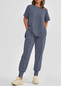 Casual Short Sleeve Tops High Waisted Sweatpants Two Piece Sets
